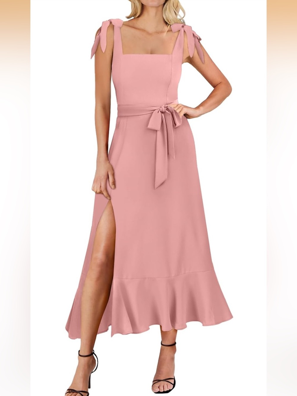 Anrabess Tie-Shoulder Pink Midi Dress